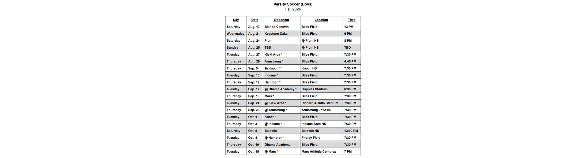 SAHS Boys Varsity Schedule 2024