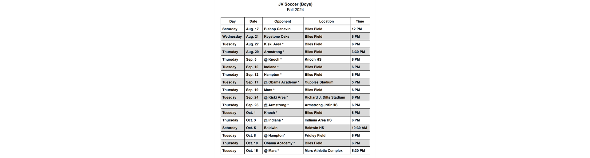 SAHS Boys JV Schedule 2024