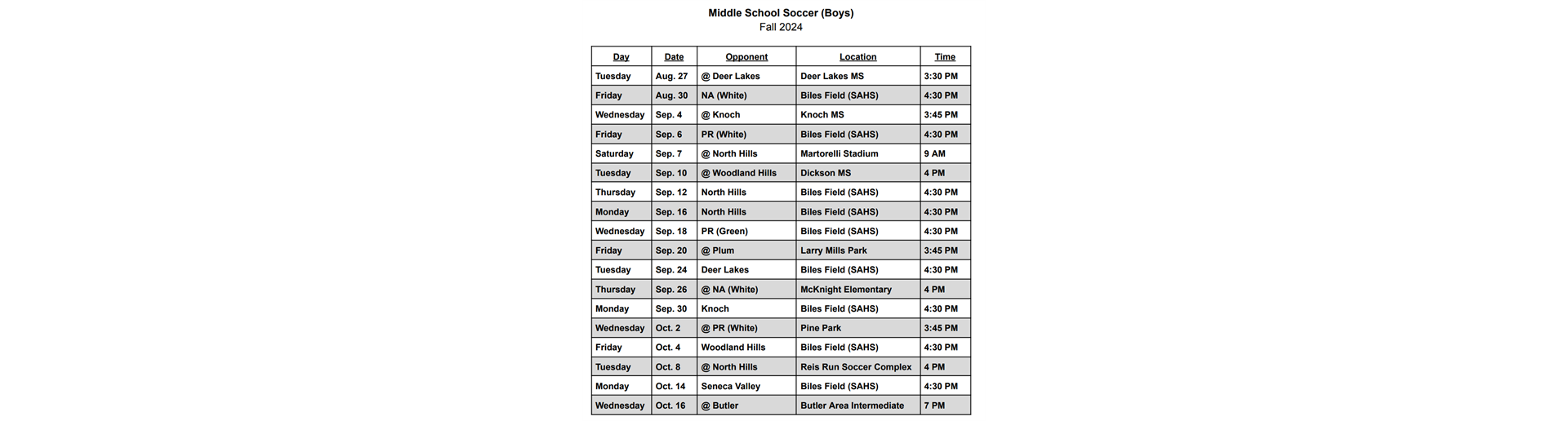 MS boys schedule